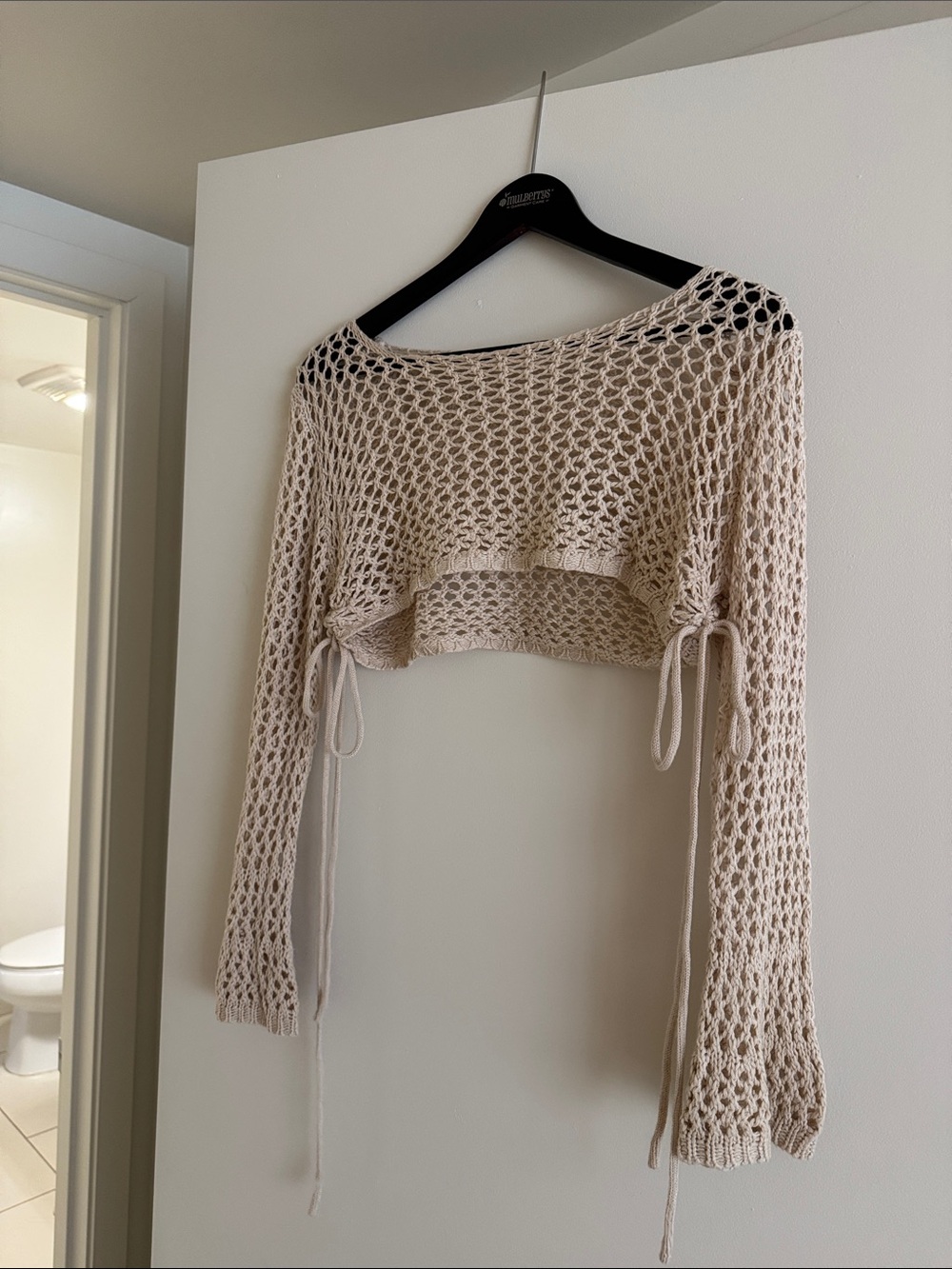 Beige Open-Knit Cropped Tie-Side Sweater Top